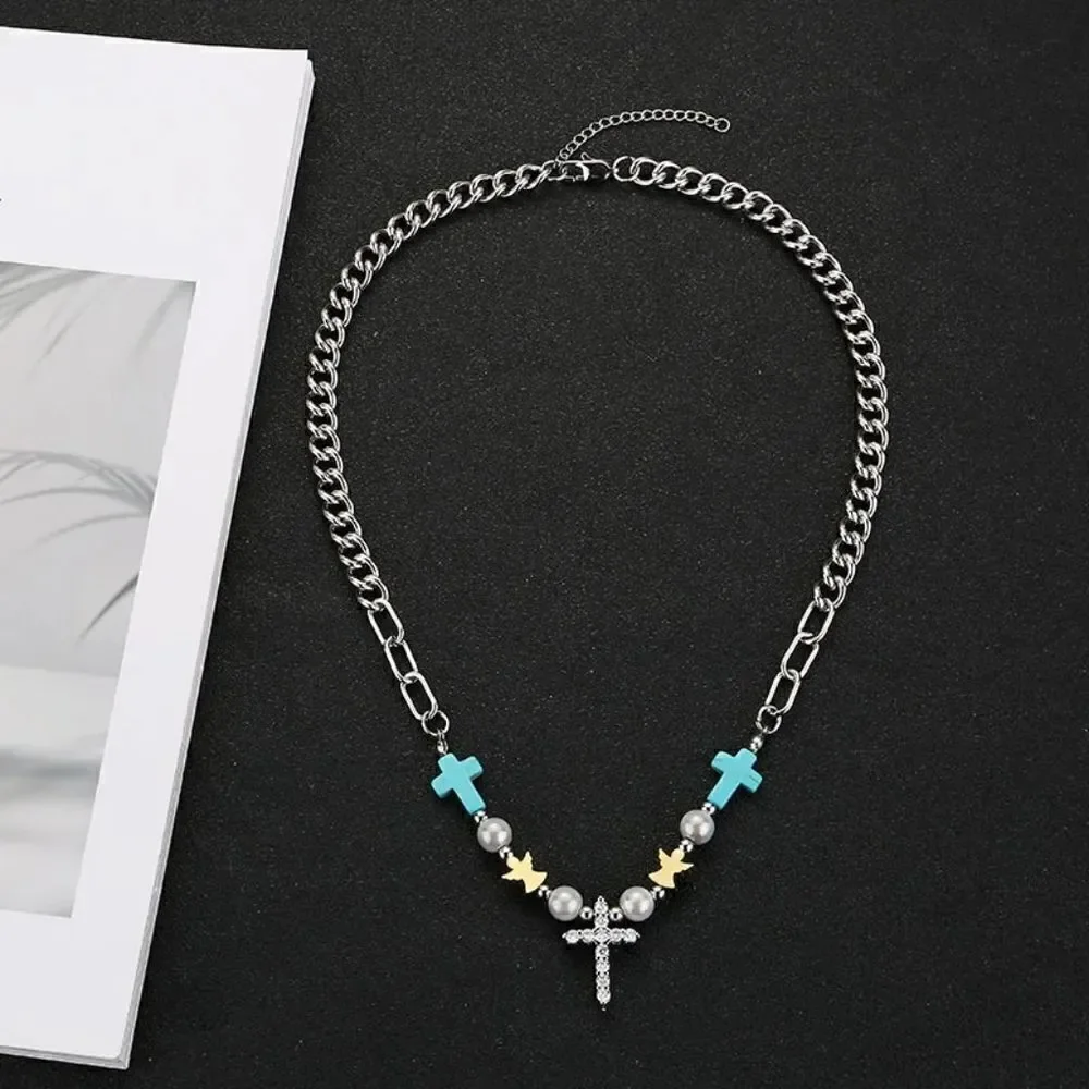 Blue Cross Pearl chain necklace